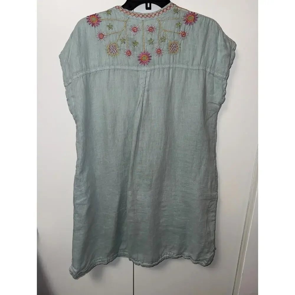 Johnny Was Biya Elektra Dress Embroidered Floral Linen Button Front Sz M Blue - Picture 8 of 11